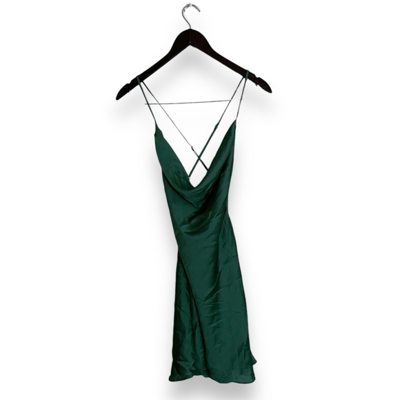 NEW Lovers + Friends Satin Green Cowl Neck Low Back Criss Cross Boa Mini Dress - Picture 3 of 8